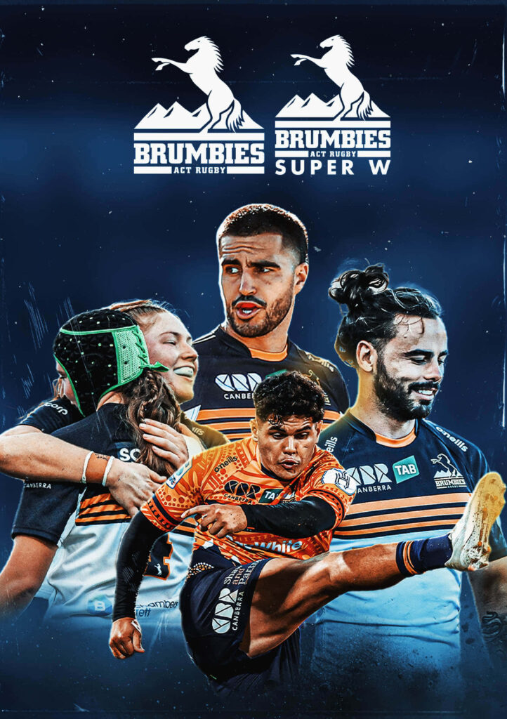 Dynamic ACT Brumbies wallpaper featuring rugby action with vibrant blue and orange team logos