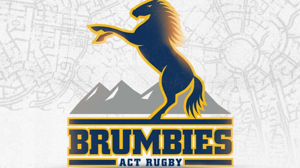 Dynamic ACT Brumbies wallpaper blue gold rearing horse logo mountain backdrop rugby fans