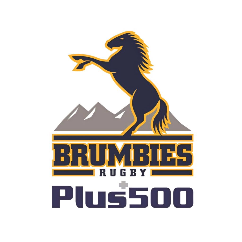 Dynamic ACT Brumbies wallpaper showing dark blue gold horse rearing with mountains and rugby logos