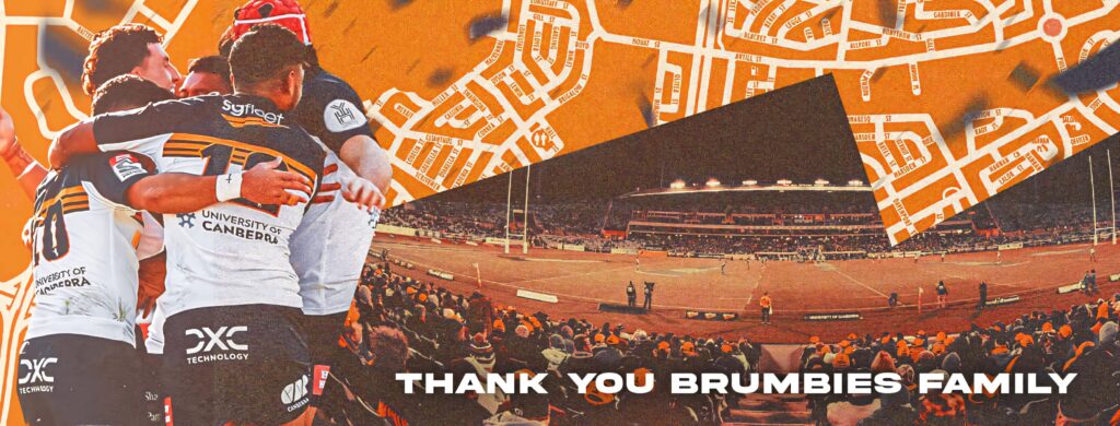 Dynamic ACT Brumbies wallpaper with orange background rugby players stadium view and thank you message