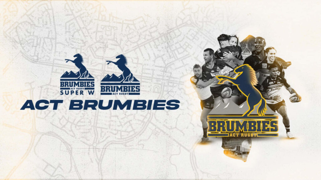 Dynamic ACT Brumbies rugby wallpaper with bold stallion logo players in action city map background