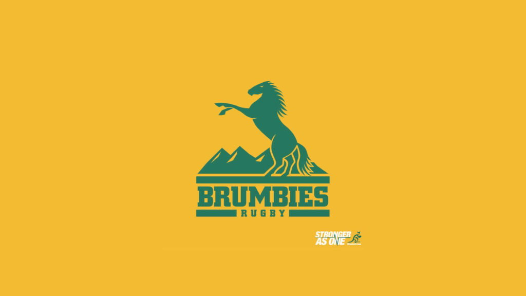 Dynamic ACT Brumbies wallpaper with green stallion rearing over mountains gold background rugby fans