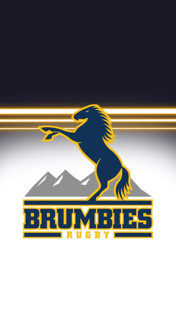 ACT Brumbies rugby wallpaper with navy gold horse logo and mountain background design
