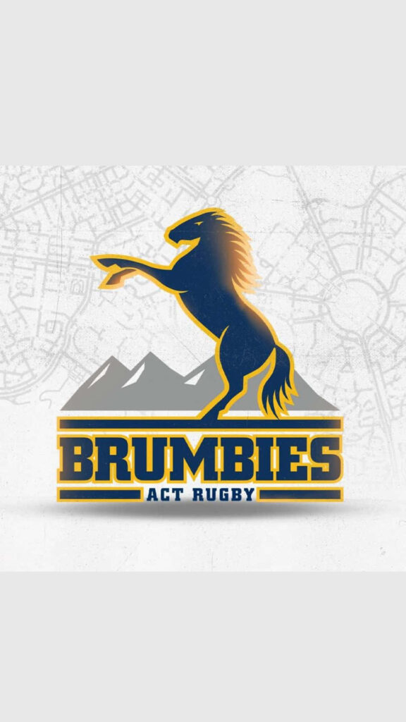 Dynamic ACT Brumbies wallpaper navy gold rearing horse logo with mountains city map background