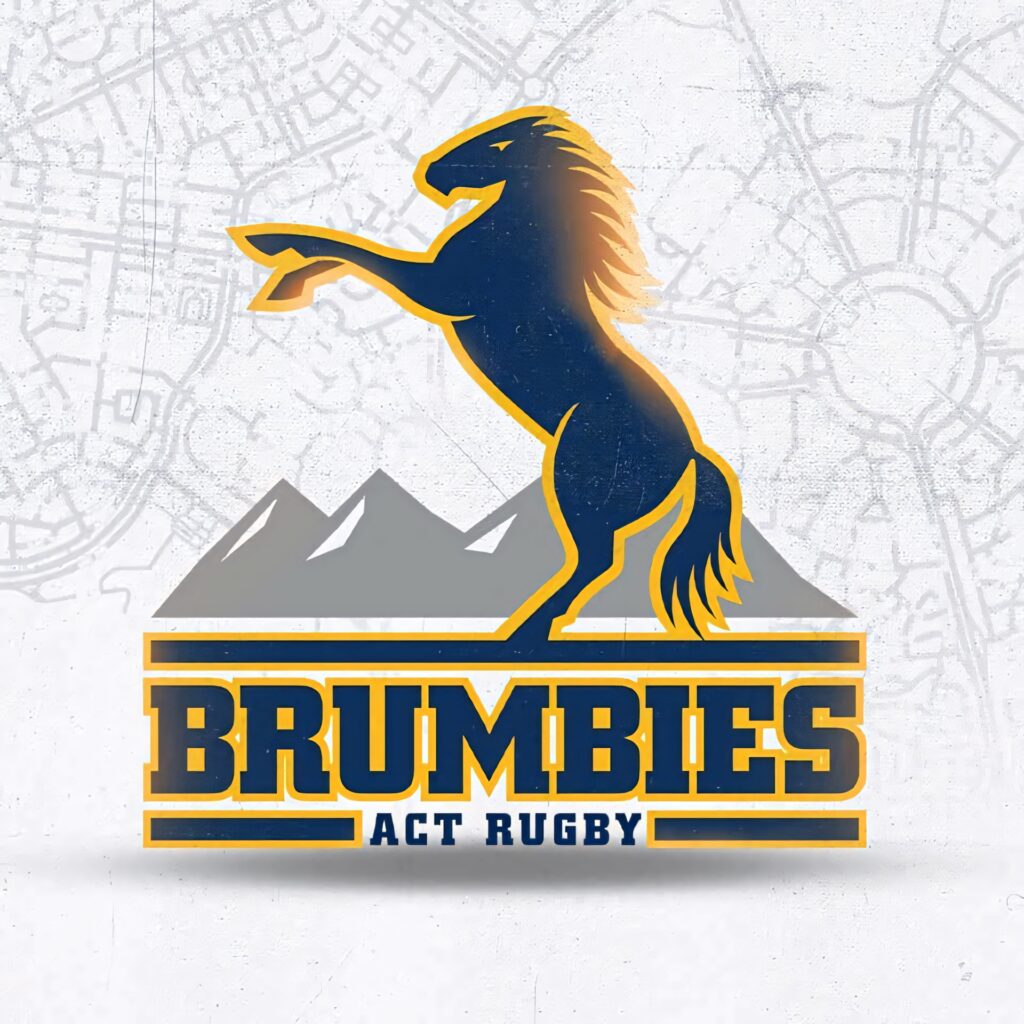 Dynamic ACT Brumbies wallpaper with rearing brumby logo navy gold mountain silhouettes