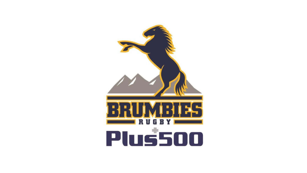 Dynamic ACT Brumbies wallpaper with rearing horse logo gold navy accents mountain background