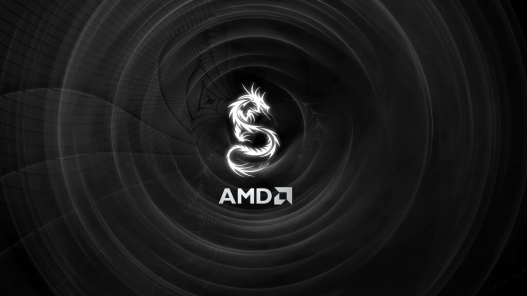 Monochrome AMD logo wallpaper with swirling motion blur and glowing dragon tech design background