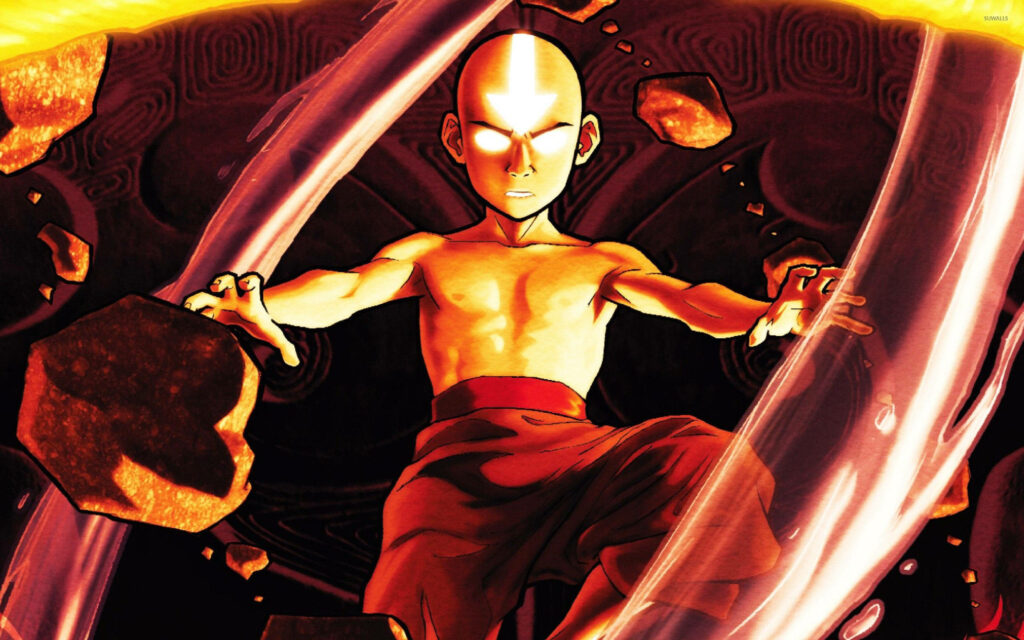 Powerful Aang Airbending Wallpaper: Avatar State with Glowing Eyes