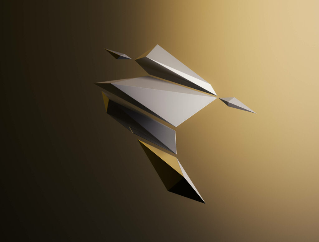 Abstract wallpaper with sharp gray and gold prismatic shapes on smooth gradient background