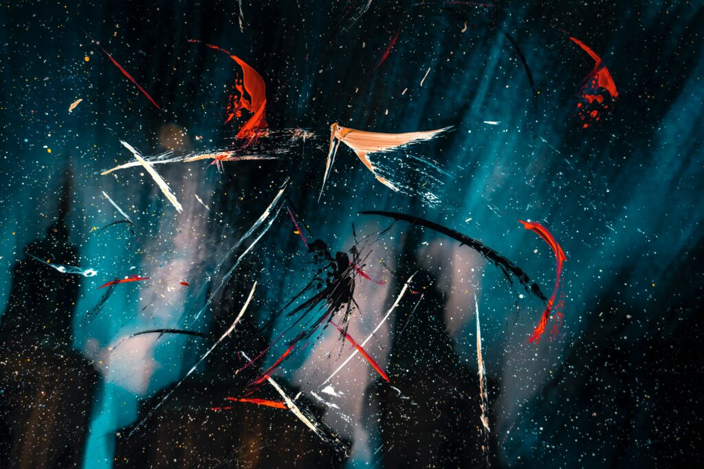 Dynamic Abstract Paint Splash Wallpaper in Dark Blues and Reds