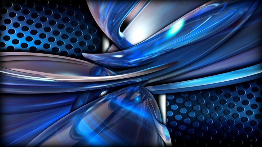 Dynamic Abstract Wallpaper: Blue Metallic Curves & Black Grid Design