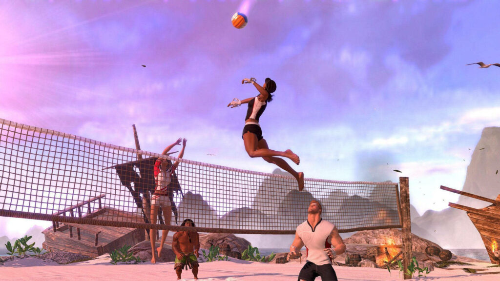 A Perfect Spike Duel Unfolding at the Seaside - Dynamic Beach Volleyball Action Shot Wallpaper