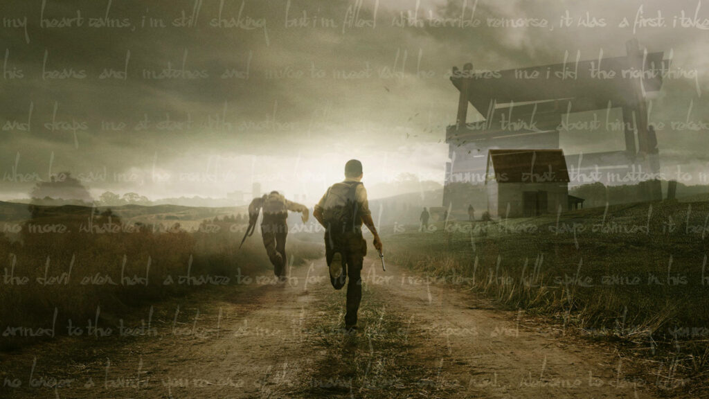 The Thrill of Survival: Dynamic Runners in DayZ's Vast Landscape, Embraced by a Subtle Cursive Message Wallpaper