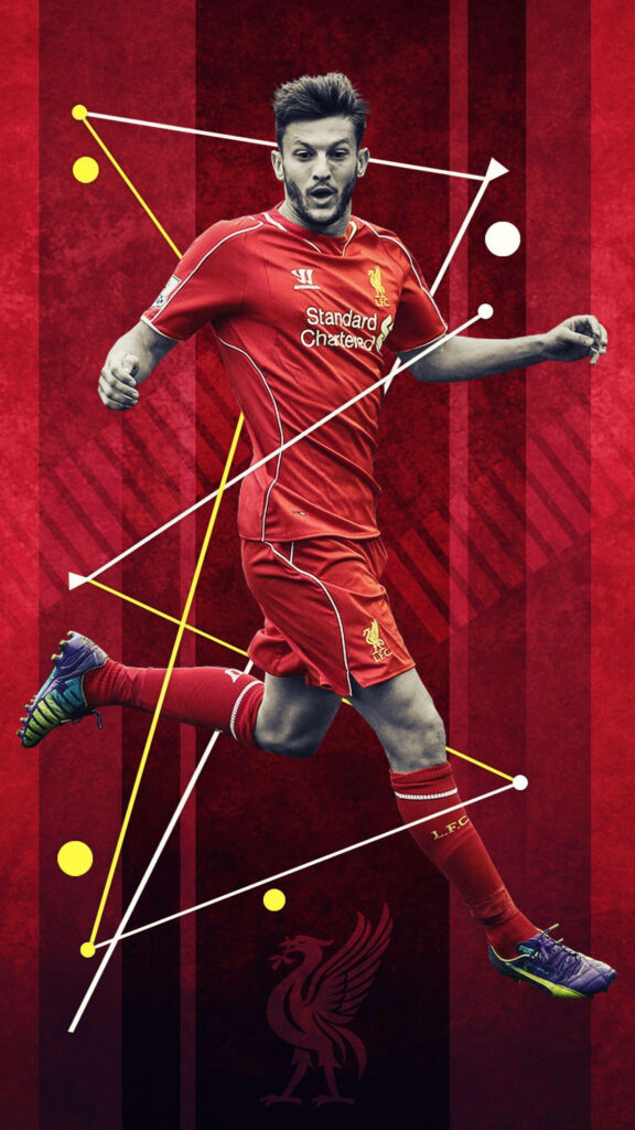 Adam Lallana Liverpool FC phone wallpaper action pose with geometric background and club emblem