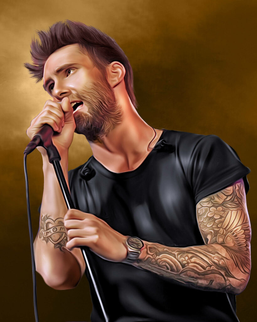 Vibrant digital painting of Adam Levine singing, showcasing tattoos and golden backdrop. Wallpaper