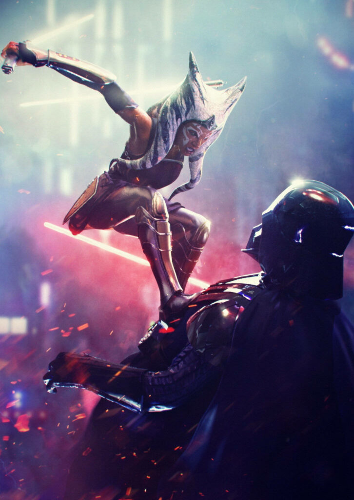 Ahsoka Tano: Intense Action Wallpaper Background with Energy Sparks