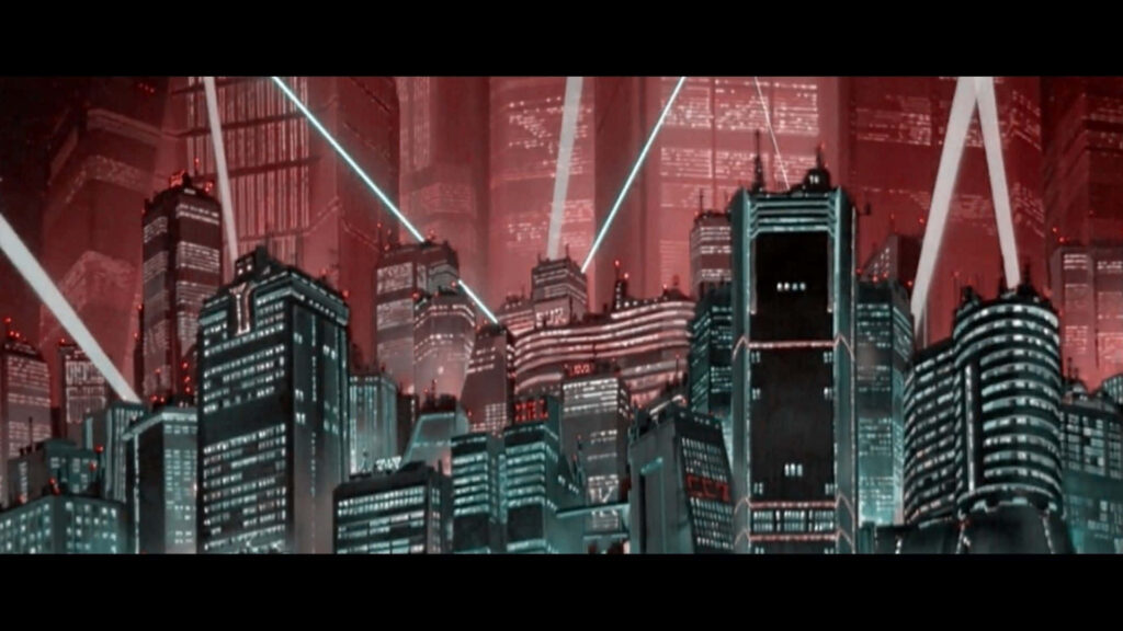 Futuristic Cityscape Wallpaper: Inverted Colors & Vibrant Lightning