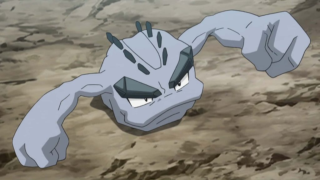 Alolan Geodude Rock Electric Pokémon in battle pose on rocky terrain anime wallpaper background