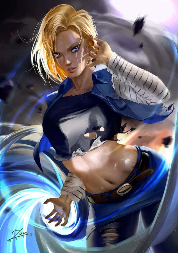 Dynamic Android 18 Wallpaper: Bold Colors & Energy Swirl Background
