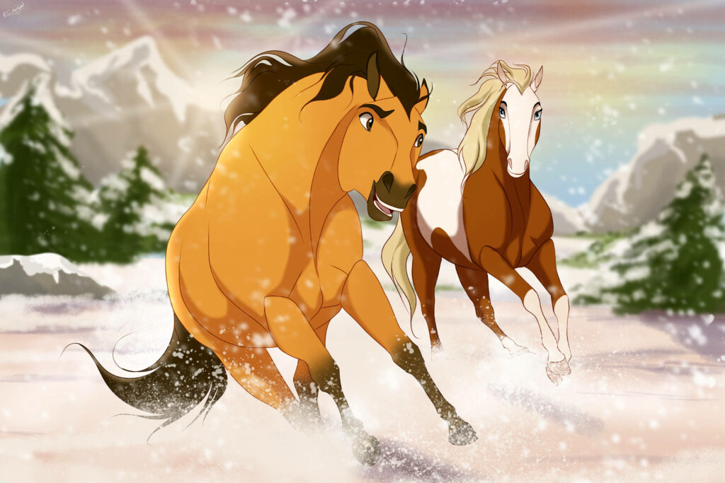 Dynamic Animated Horses Galloping in Snowy Mountain Landscape Wallpaper