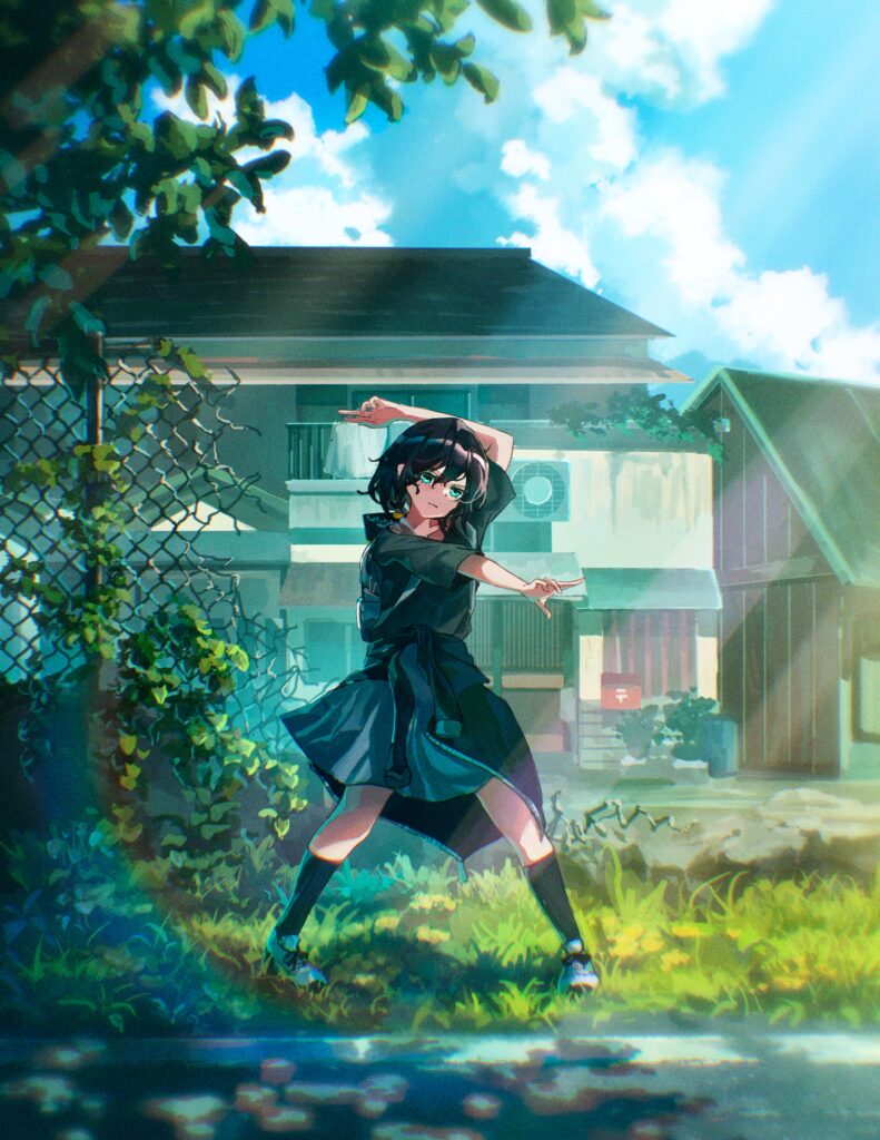 Vibrant Anime Girl in Motion: Lively Suburban Wallpaper