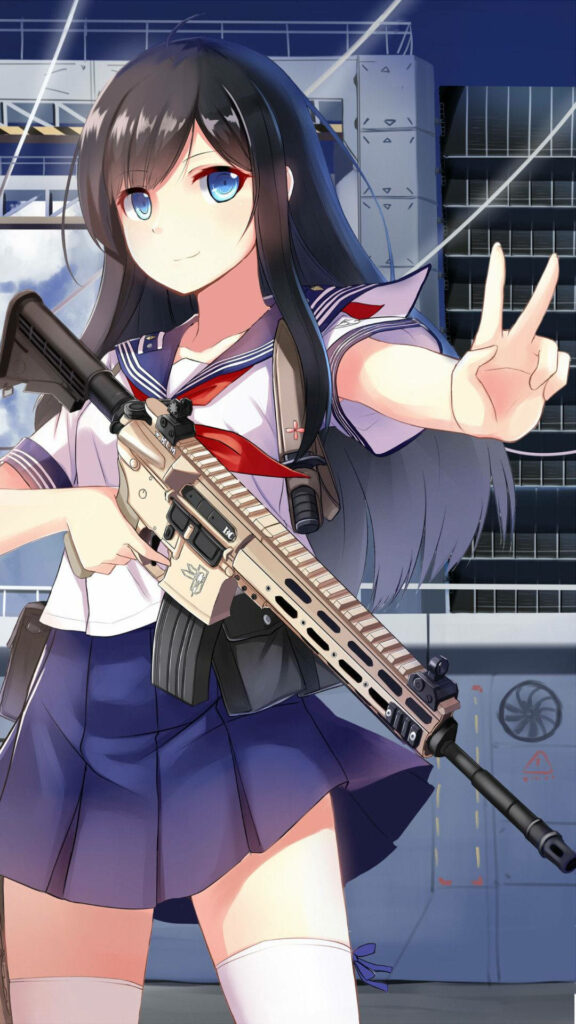 Vibrant Anime Wallpaper of Asashio: Cute Girl with Firearm & Style