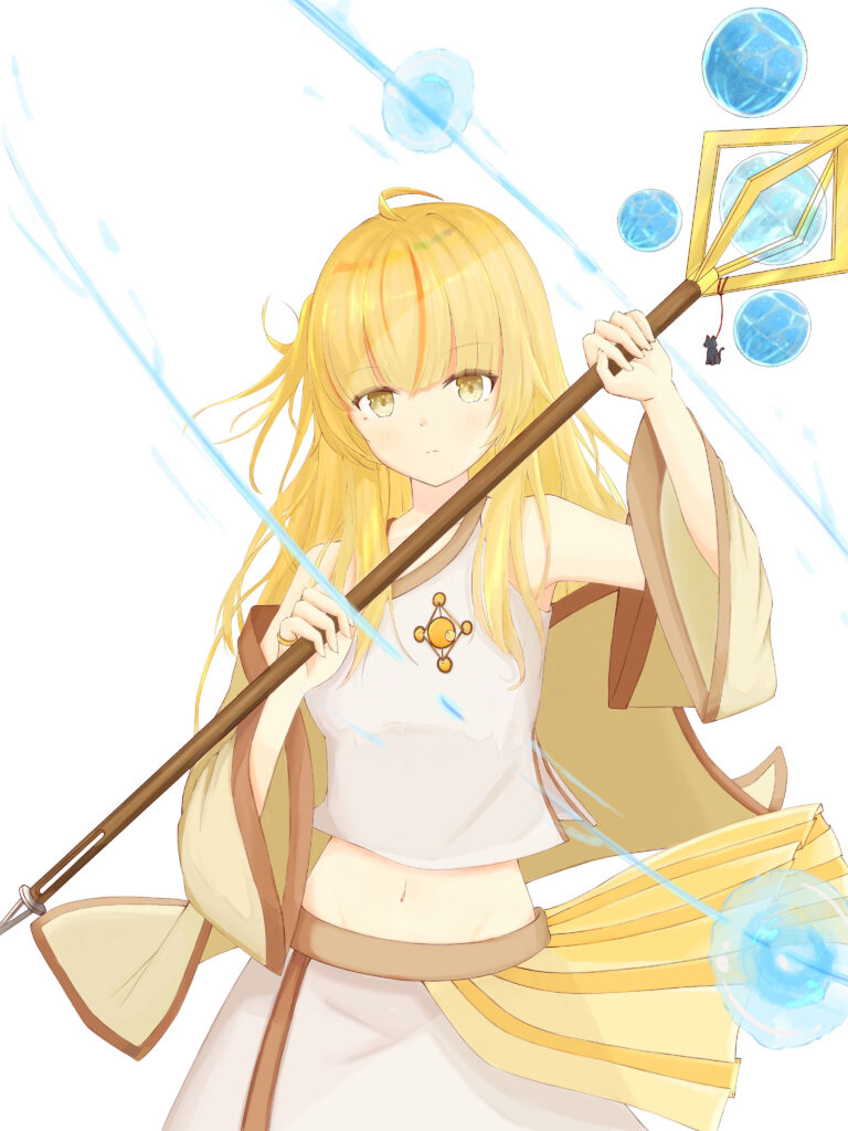 Anime Girl with Staff | Dynamic Fantasy Artwork & Magical Orbs Wallpaper