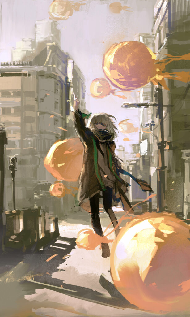 Dynamic Anime Girl in Urban Fantasy with Glowing Bubbles Wallpaper