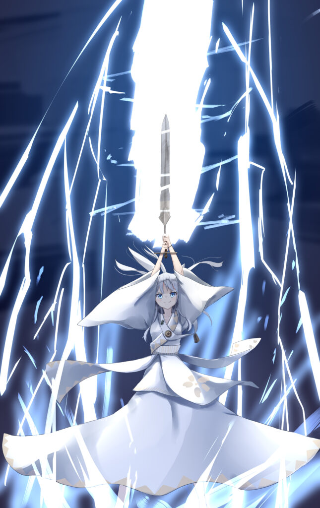 Powerful Anime Girl in Kimono with Luminous Sword - Stunning Wallpaper