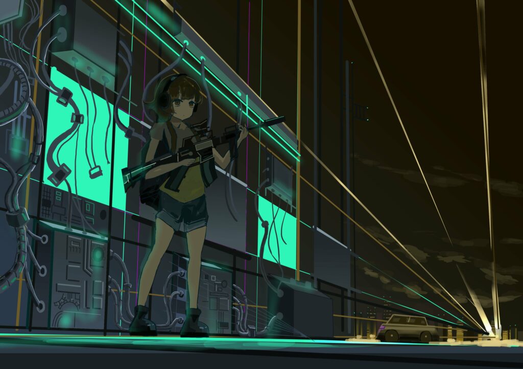 Futuristic Anime Wallpaper: Girl with Machine Gun in Neon Cityscape