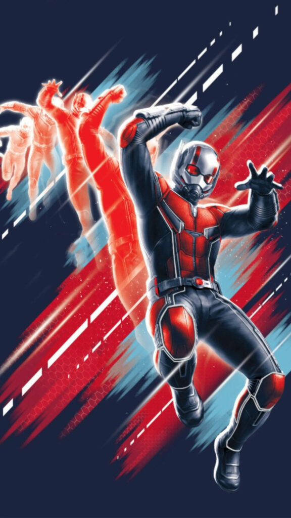 Dynamic Ant Man superhero wallpaper showing iconic suit with vibrant action trails background