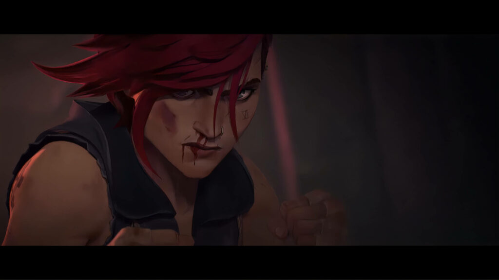 Dynamic *Arcane* Wallpaper: Battle-Ready Character with Red Hair