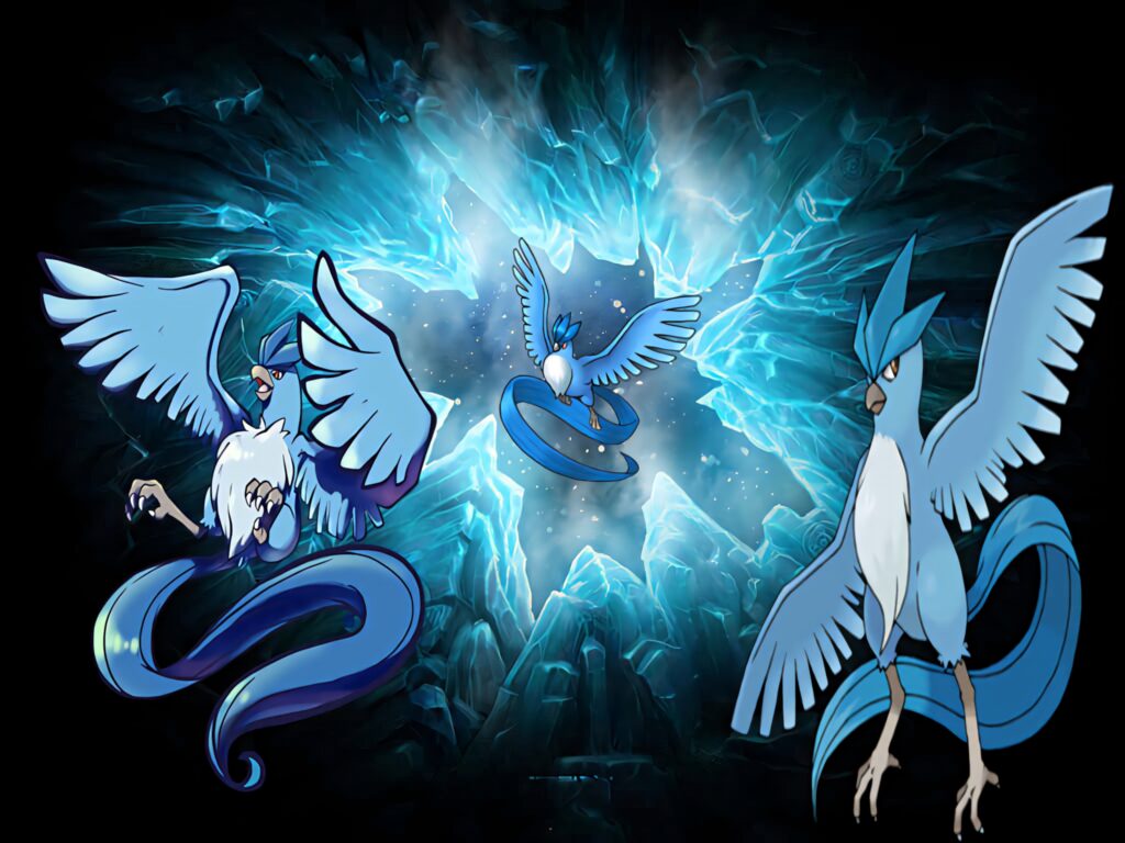 Articuno artwork trio with radiant blue energy on dramatic icy background wallpaper design