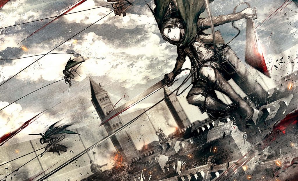Attack on Titan wallpaper Levi Ackerman and Survey Corps fighting with ODM gear in ruined city