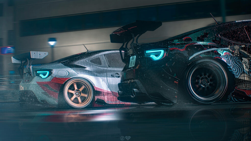 Dynamic BRZ Sports Cars Wallpaper: Night Racing with Bold Designs