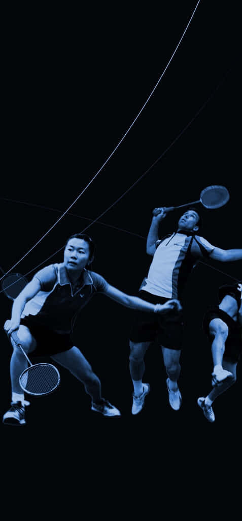 Dynamic Badminton Players Engulfed in a Mysterious Google Arena - Dark Background with Blue Filter Wallpaper