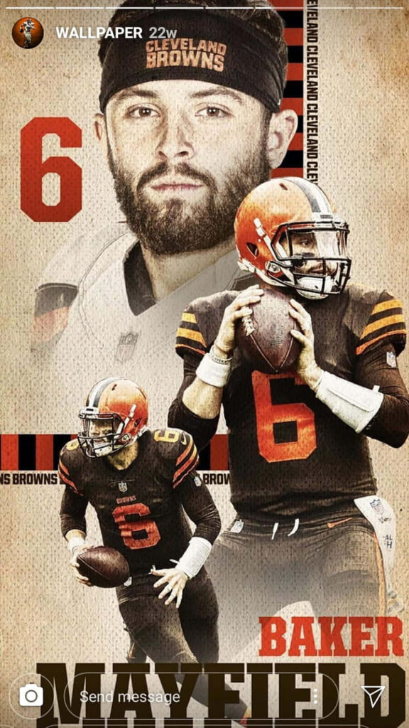 Dynamic Baker Mayfield Cleveland Browns poster with multiple action shots in uniform wallpaper