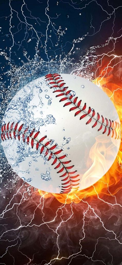 Baseball between water blue lightning and fiery flames dynamic sports wallpaper background
