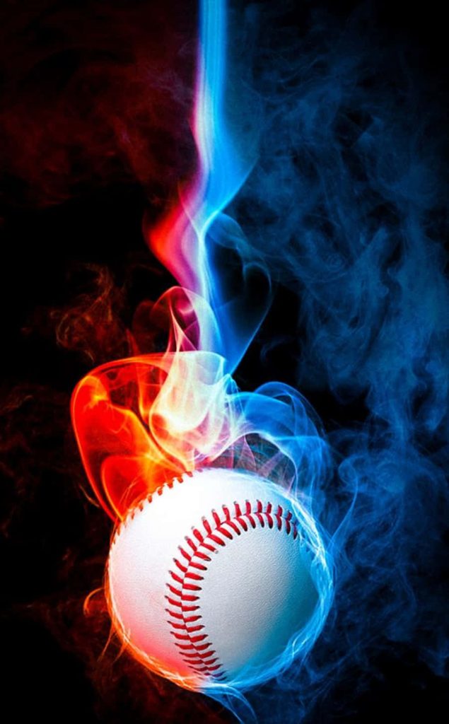 Dynamic baseball with red and blue smoke on black background high-contrast sports wallpaper
