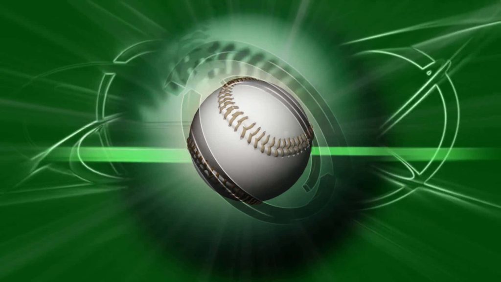 White baseball with vibrant green abstract lighting and digital motion effects wallpaper background