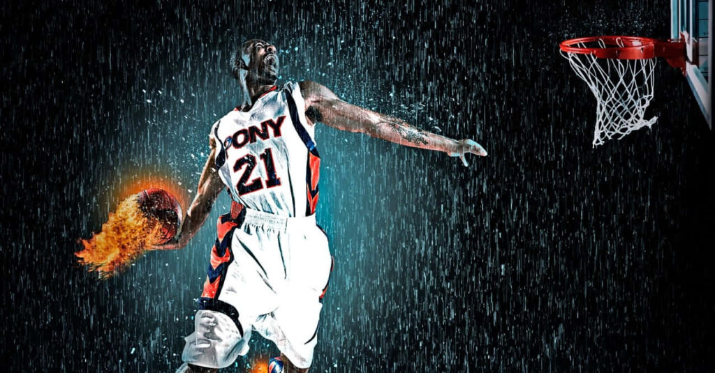 Dynamic Basketball Dunk Wallpaper: Intense Rain & Fiery Ball Action