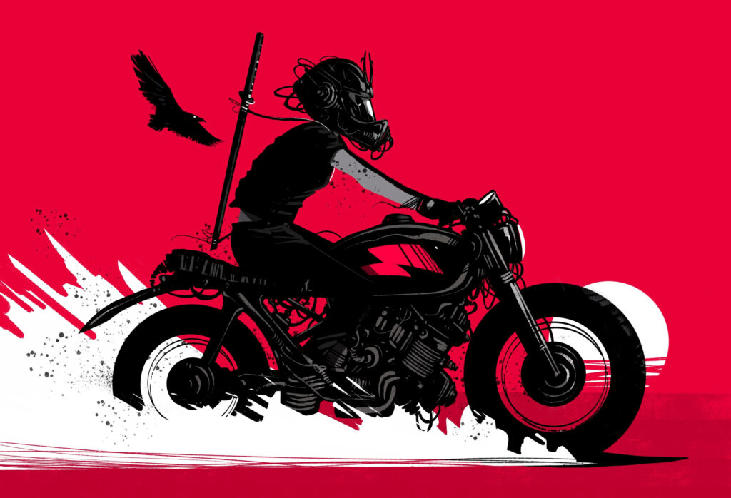 Dynamic Biker Wallpaper: Sleek Red & Black Motorcycle Art
