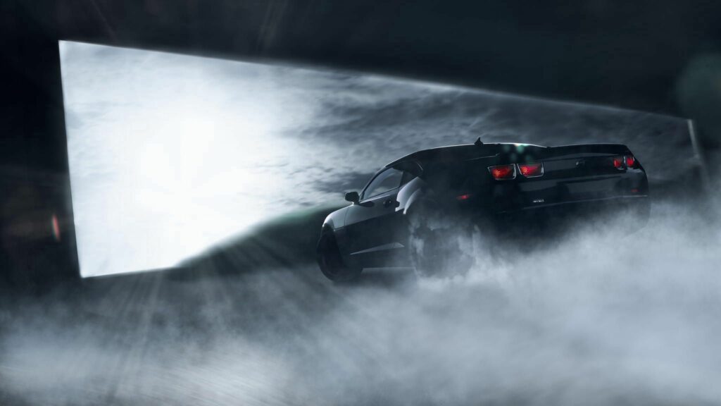 Smoke Surrounds Sleek Black Chevrolet Camaro SS - 2048x1152 Wallpaper