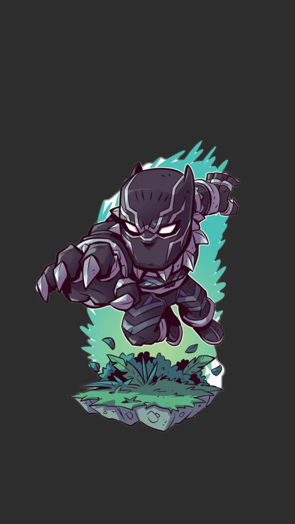 Chibi Black Panther superhero leaping with vibrant energy on dark Android wallpaper background