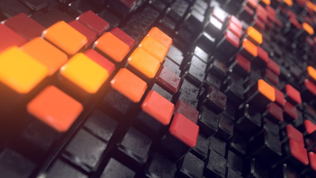 Dynamic Black, Red, and Orange 3D Square Geometric Wallpaper