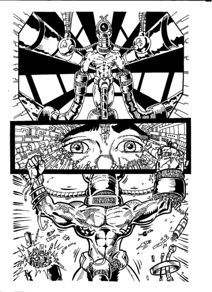 Dynamic Black & White Comic Wallpaper with Robotic Action Scene