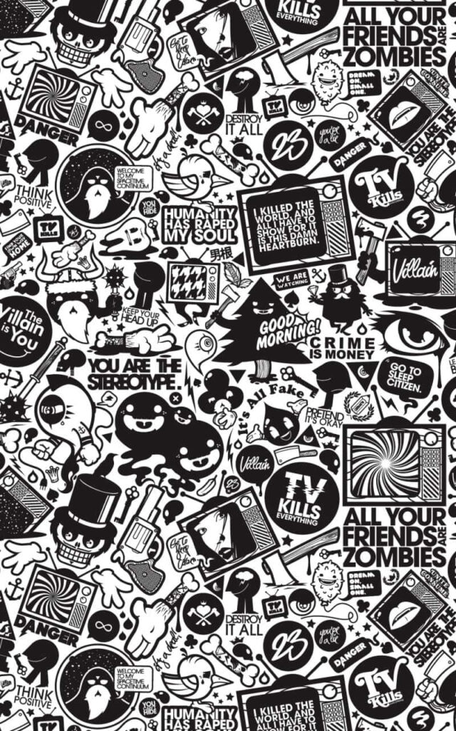 Bold Black & White Pop Art Phone Wallpaper: Skulls & Retro Icons