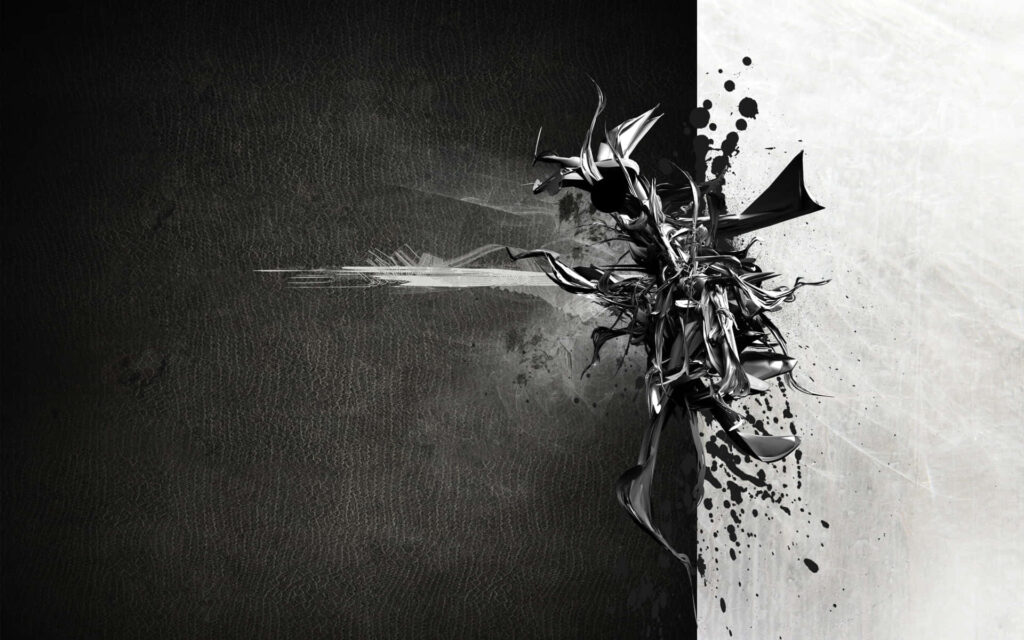 Dynamic Black and White Abstract Wallpaper with Metallic Shapes
