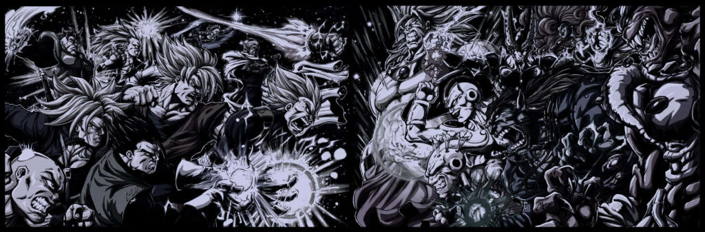Dynamic Black and White Dragon Ball Wallpaper: Intense Battle Scene