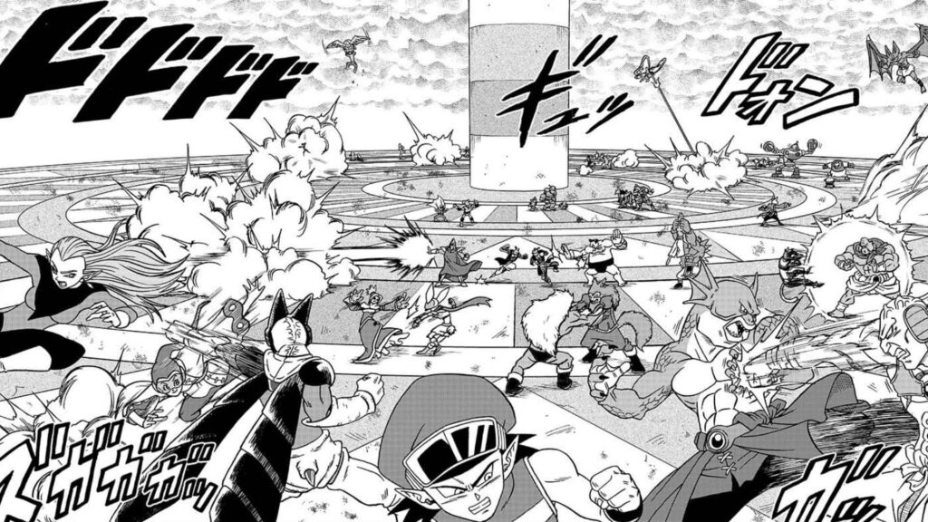 Dynamic Black and White Dragon Ball Battle Scene Wallpaper